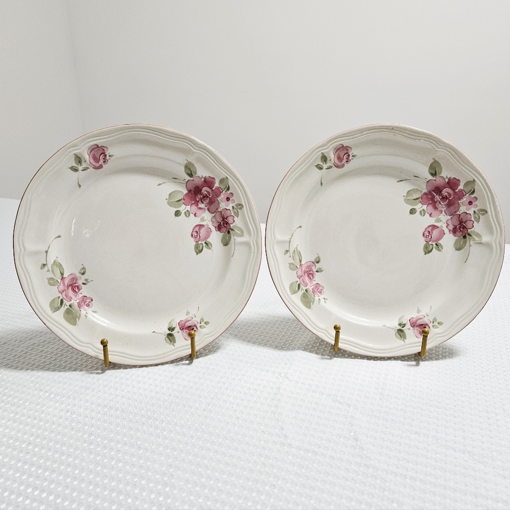 Gibson 2 Roseland Pink Floral Dinner Plates‎ Discontinued Stoneware Y2K 11"